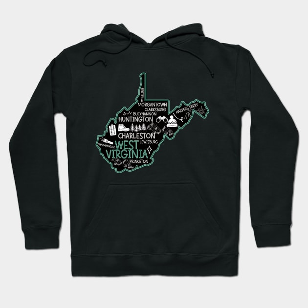 Cute map of West Virginia Charleston Lewisburg Huntington Morgantown Buckhannon Hoodie by BoogieCreates